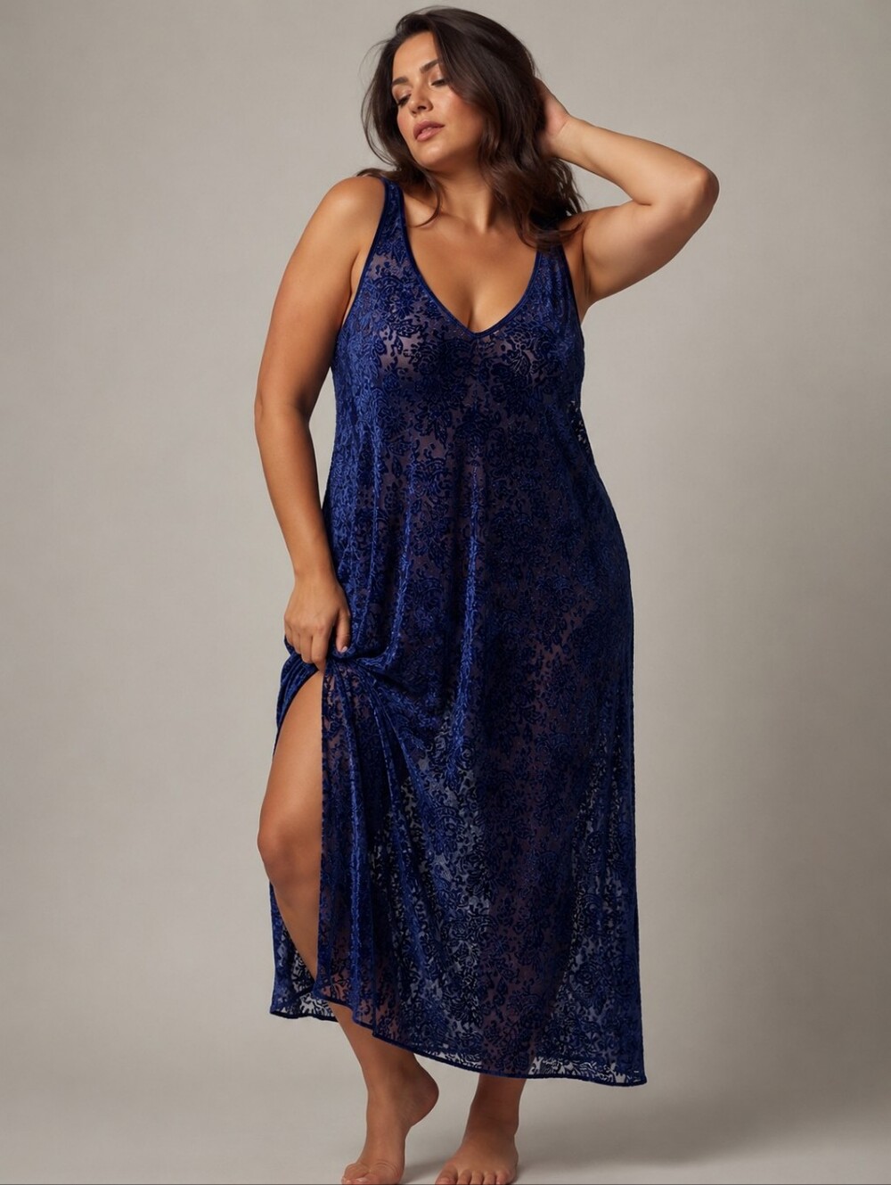 Vintage Addition Elle Sheer Velvet Paisley Nightgown Size 4X Navy Blue Lingerie